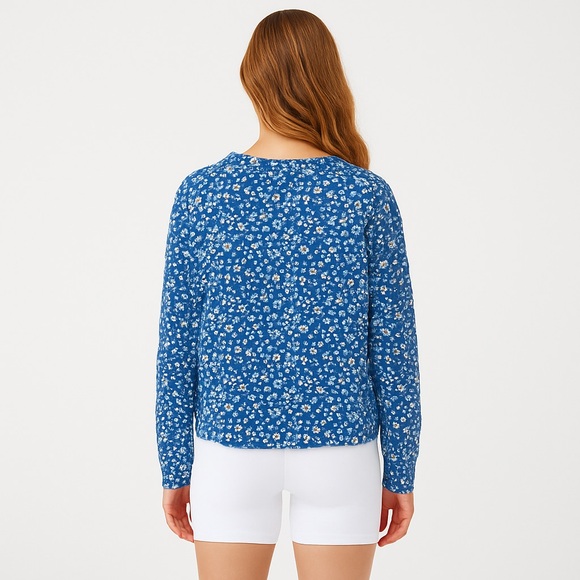 ADDISON BAY Lombard Crew Neck Pullover Top Courtside Blue Floral Cotton Sm NEW - Picture 3 of 14